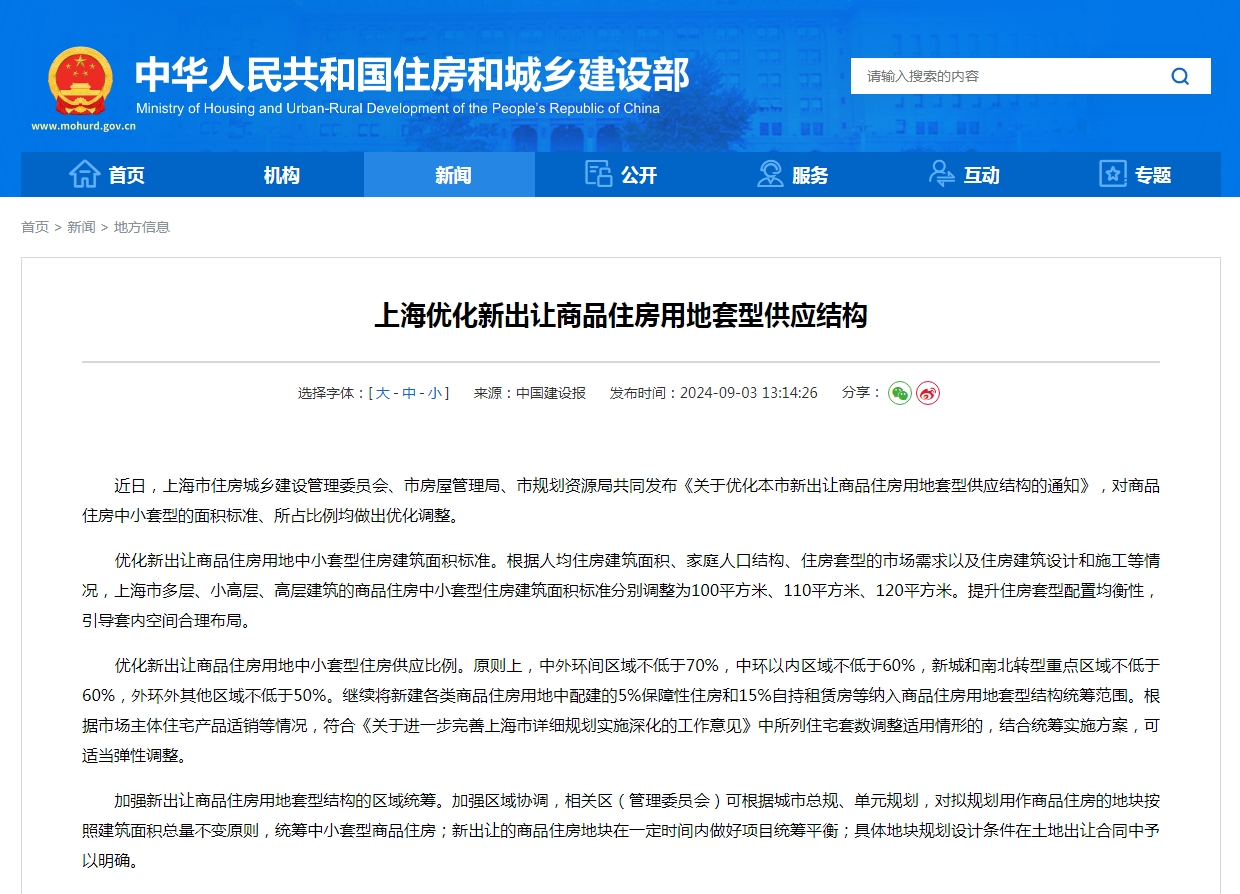上海优化新出让商品住房用地套型供应结构